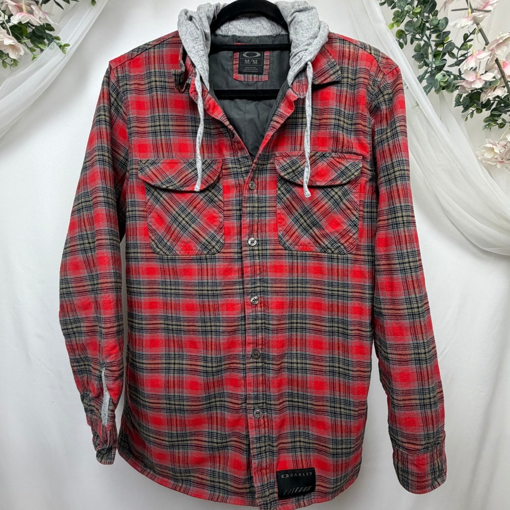 Oakley Mens Red Plaid Hooded Flannel Shirt Jacket Quilted Lining Size M